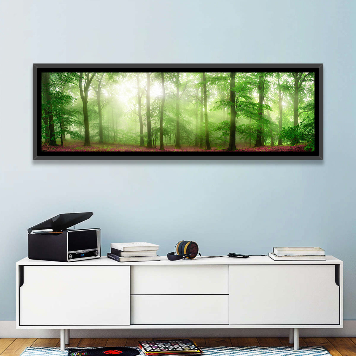 Sunlit Misty Forest Wall Art in a room, panoramic
