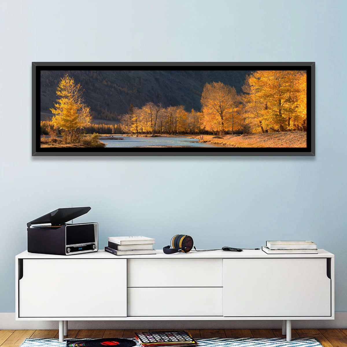 Autumn River Through Golden Forest Wall Art in a room, panoramic