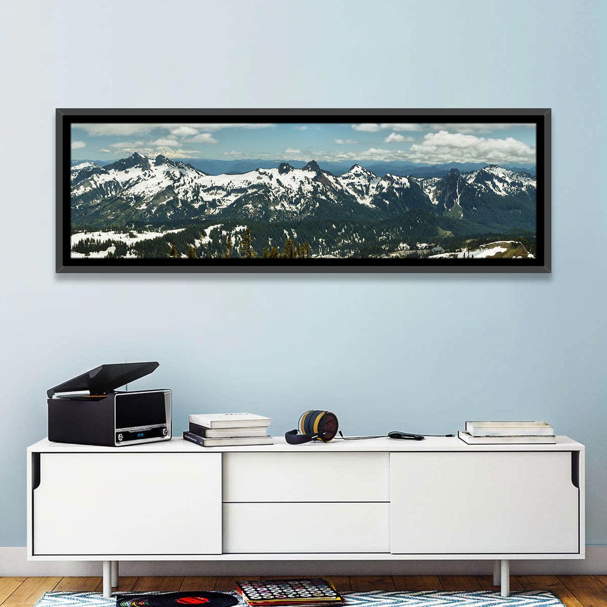 Mount Adams Snow Peaks Wall Art in a room, panoramic