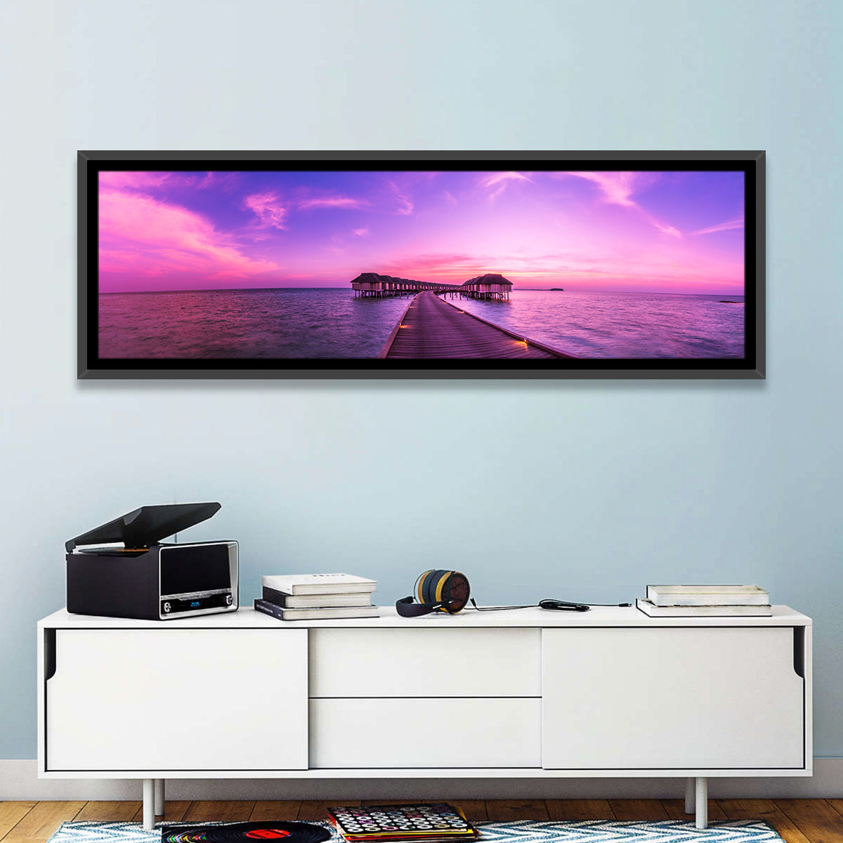 Sunset Pier Overwater Bungalows Wall Art in a room, panoramic
