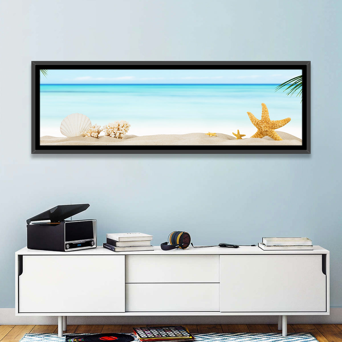 Seashell and Starfish Beach Still Life Wall Art in a room, panoramic