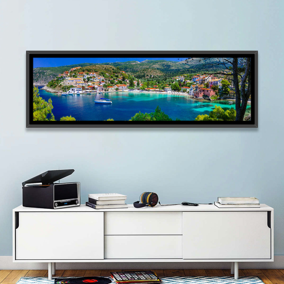 Assos Village Harbor View Wall Art in a room, panoramic