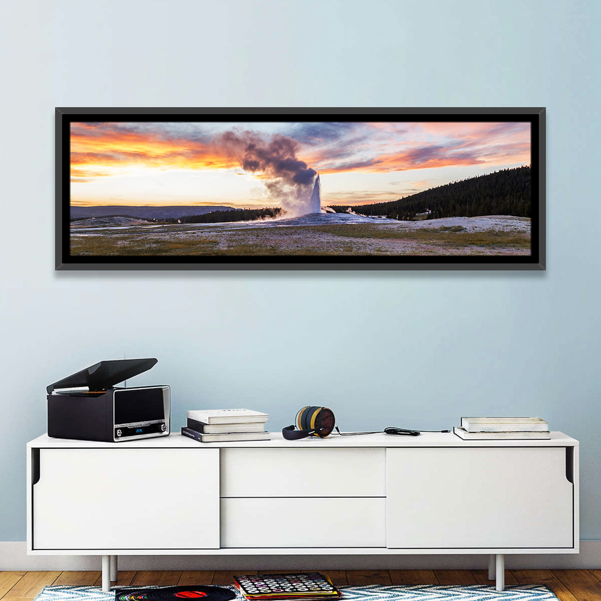 Old Faithful Erupting at Sunset Wall Art