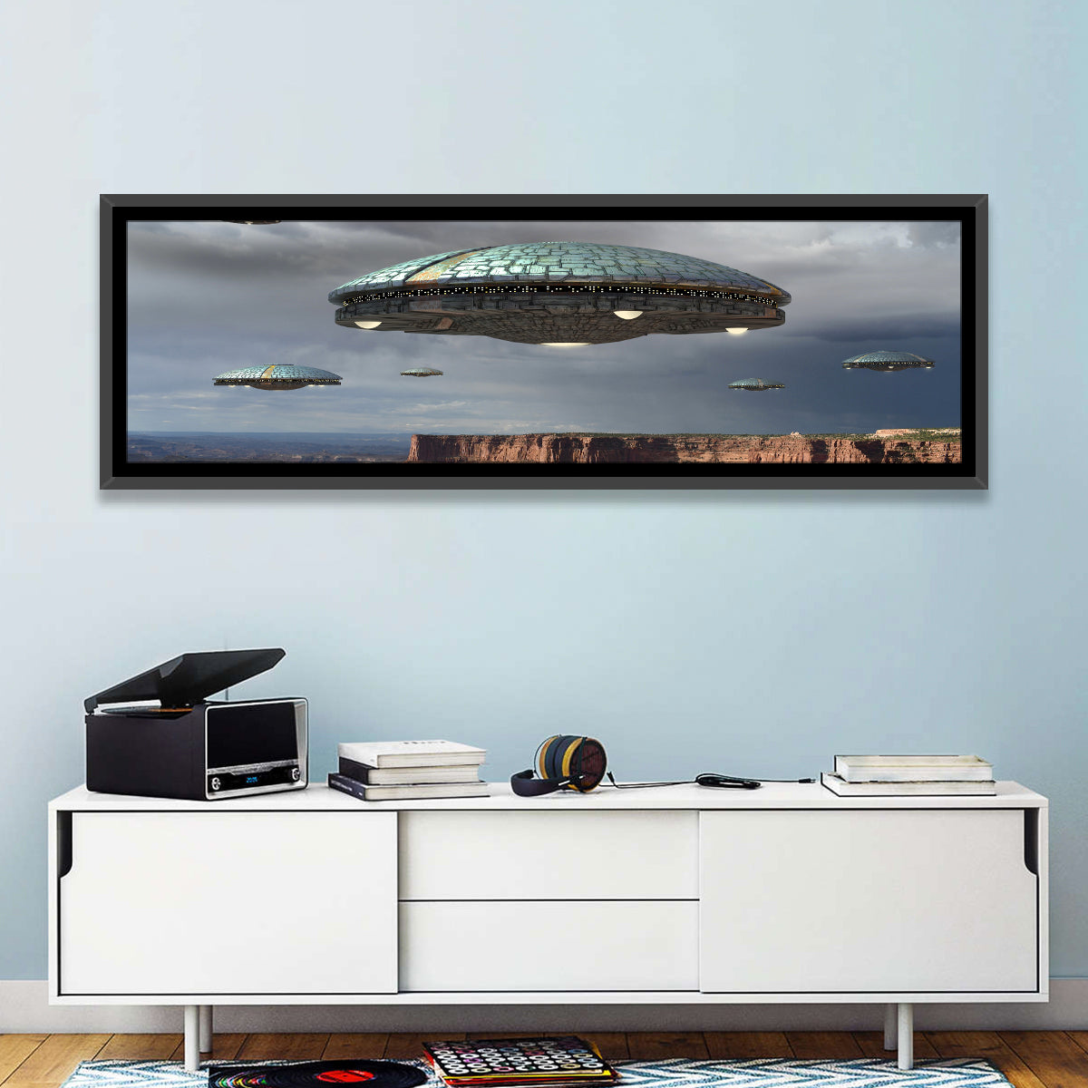 Ufos Over Stormy Canyon Wall Art in a room, panoramic