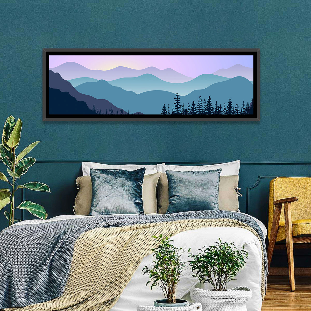 Purple Dawn Mountain Range Wall Art in a room, panoramic