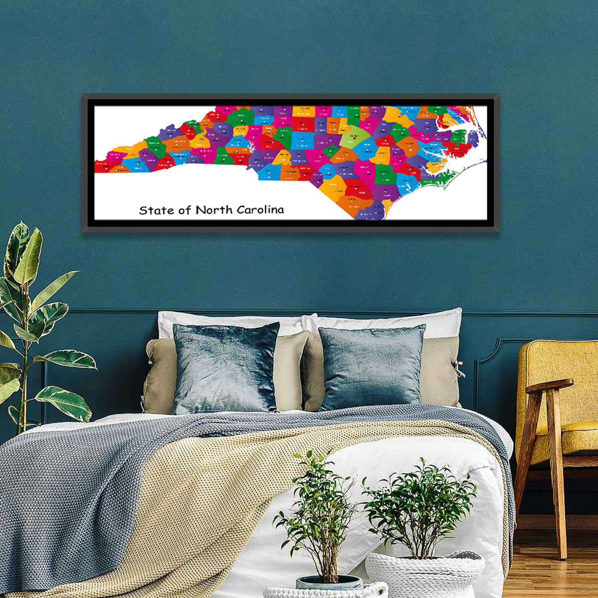 Colorful North Carolina Map Wall Art in a room, panoramic