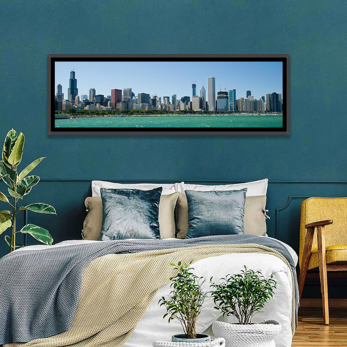 Chicago Skyline with Willis Tower Wall Art in a room, panoramic