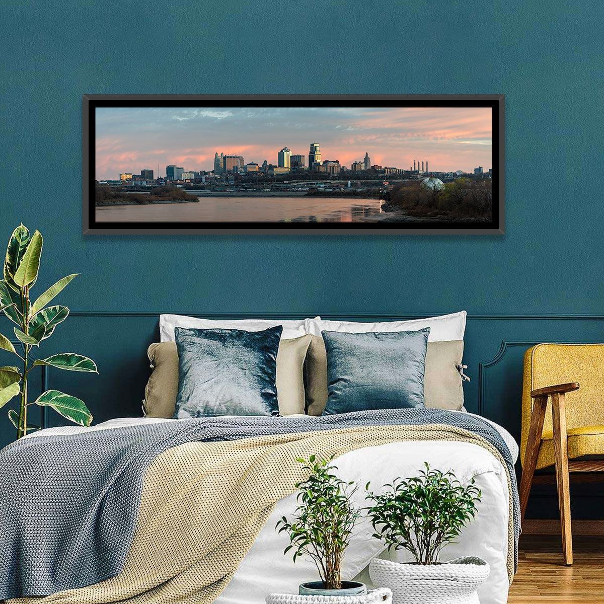 Kansas City Sunset Skyline Wall Art in a room, panoramic