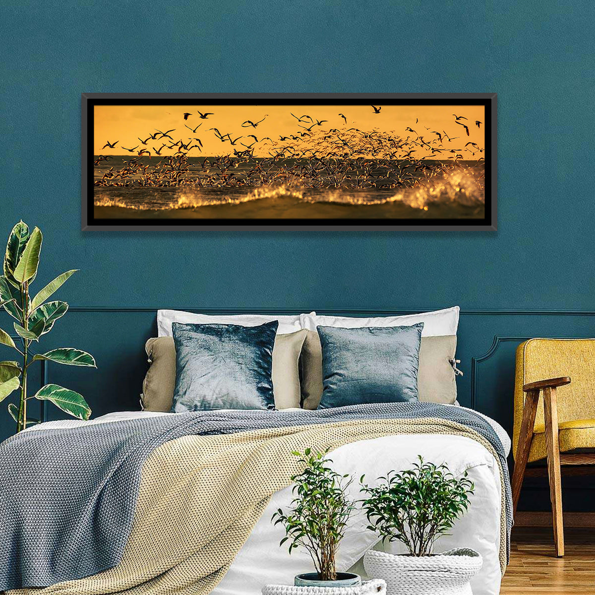 Seagull Flock at Golden Hour Wall Art in a room, panoramic