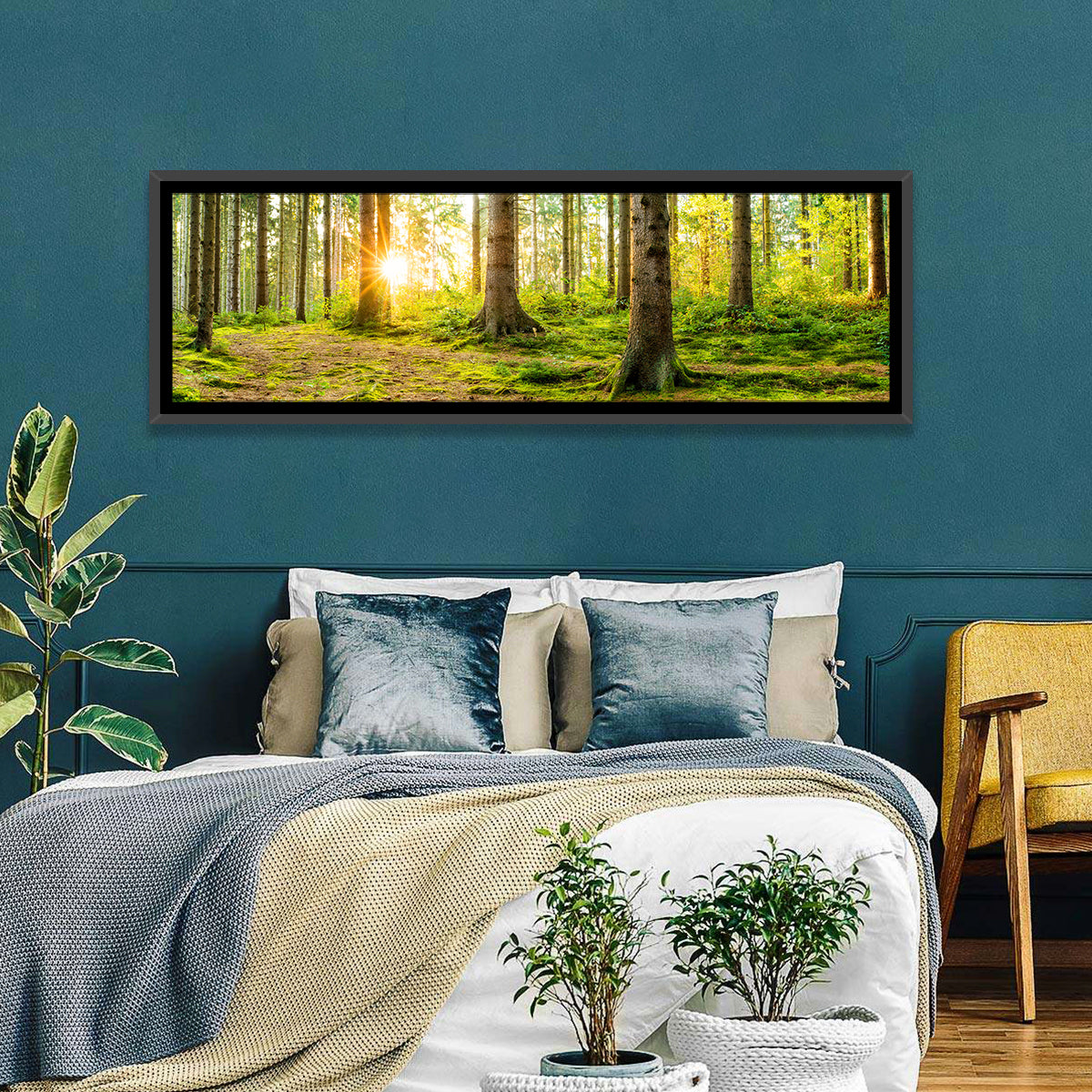 Sunburst Over Mossy Forest Wall Art in a room, panoramic
