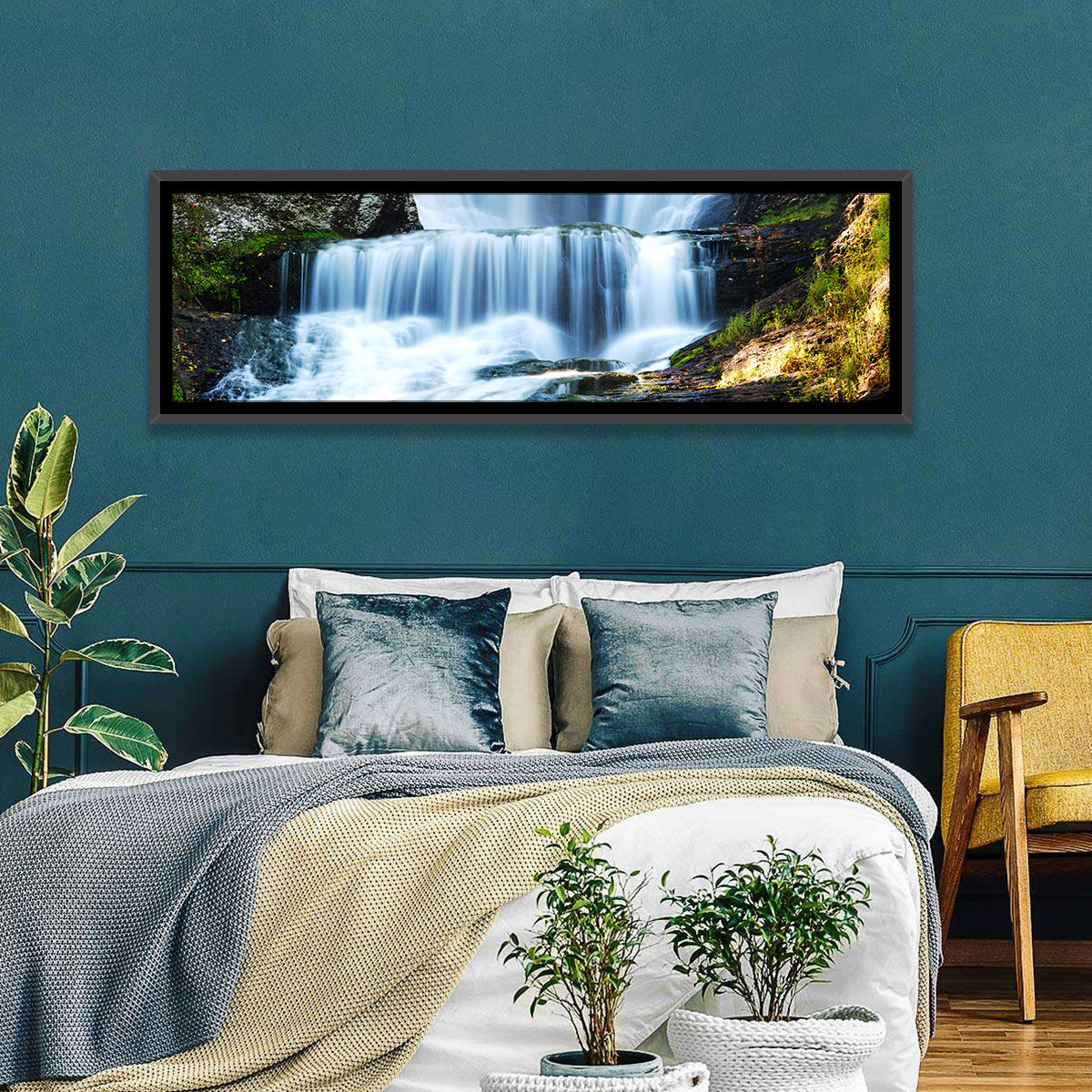 White Waterfall Over Mossy Rocks Wall Art in a room, panoramic