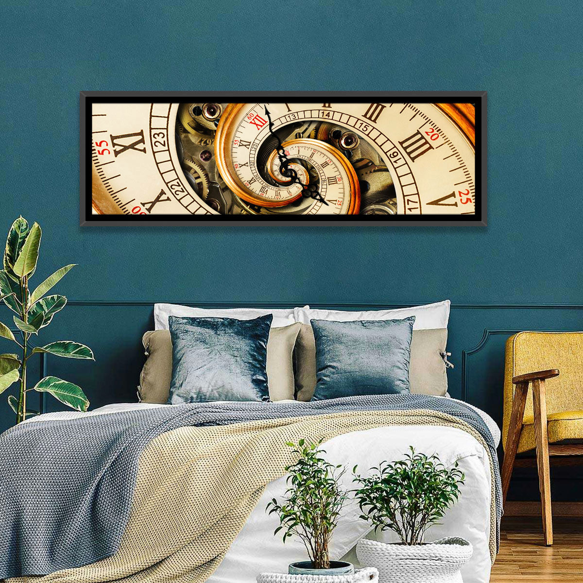 Steampunk Spiral Clock Wall Art in a room, panoramic