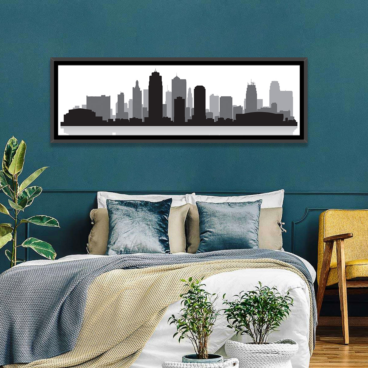 Kansas City Skyline Wall Art in a room, panoramic