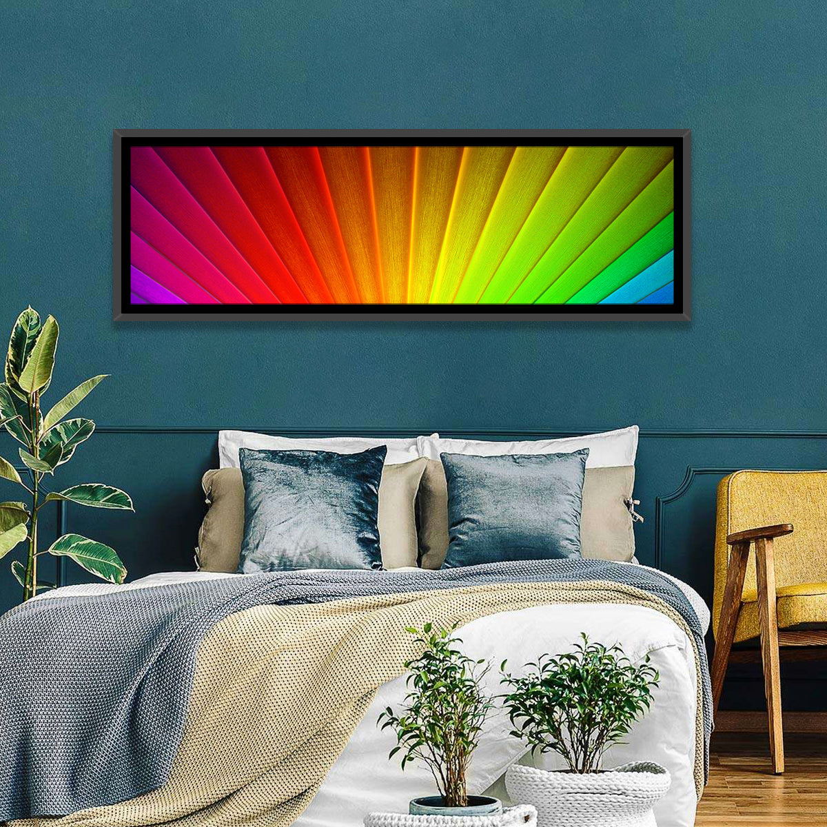 Geometric Rainbow Rays Wall Art in a room, panoramic