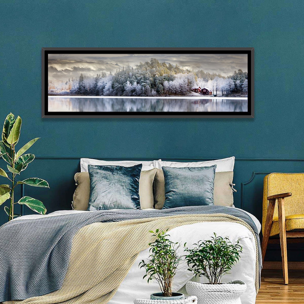 Red Cottage by a Frozen Lake Wall Art