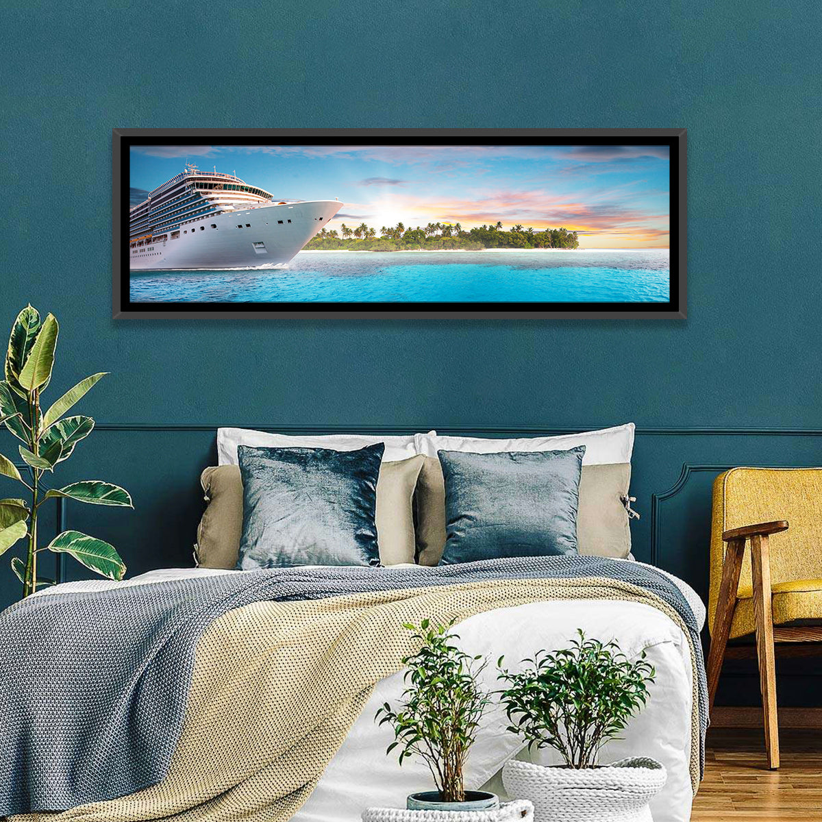 Cruise Ship at Tropical Sunset Wall Art in a room, panoramic