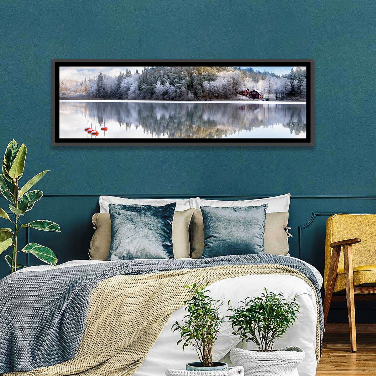 Red Cottages on Winter Lake Wall Art in a room, panoramic