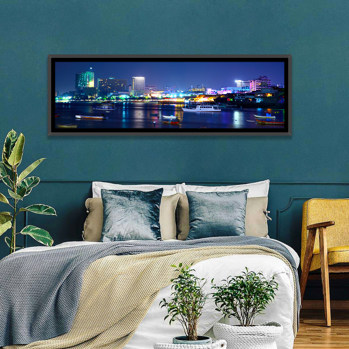 Pattaya Bay Night Skyline Wall Art in a room, panoramic