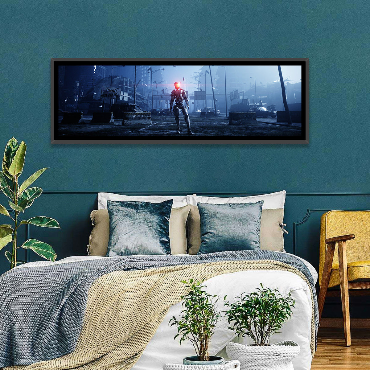 Alien Robot in Ruined City Wall Art in a room, panoramic