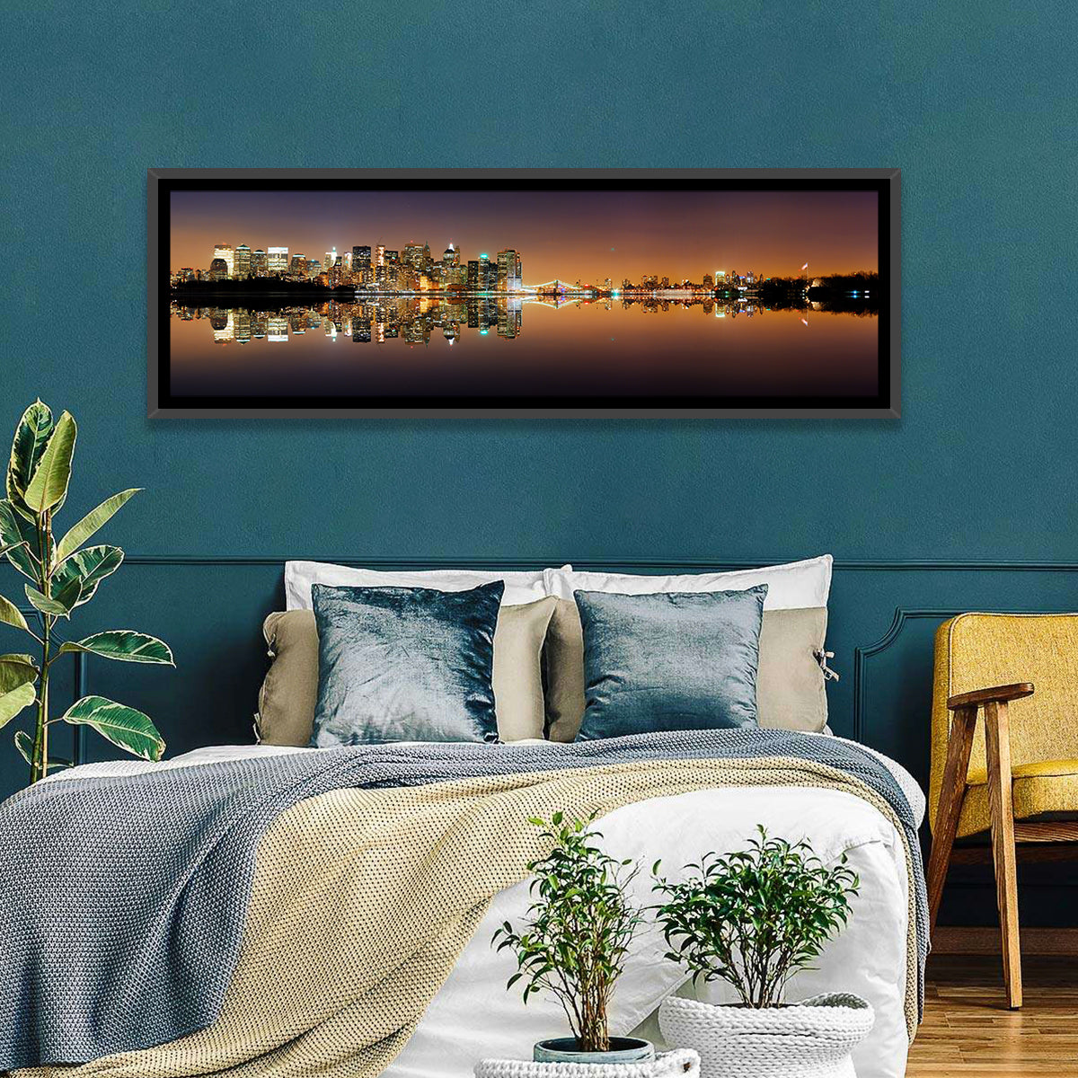 Manhattan Twilight Reflection Wall Art in a room, panoramic