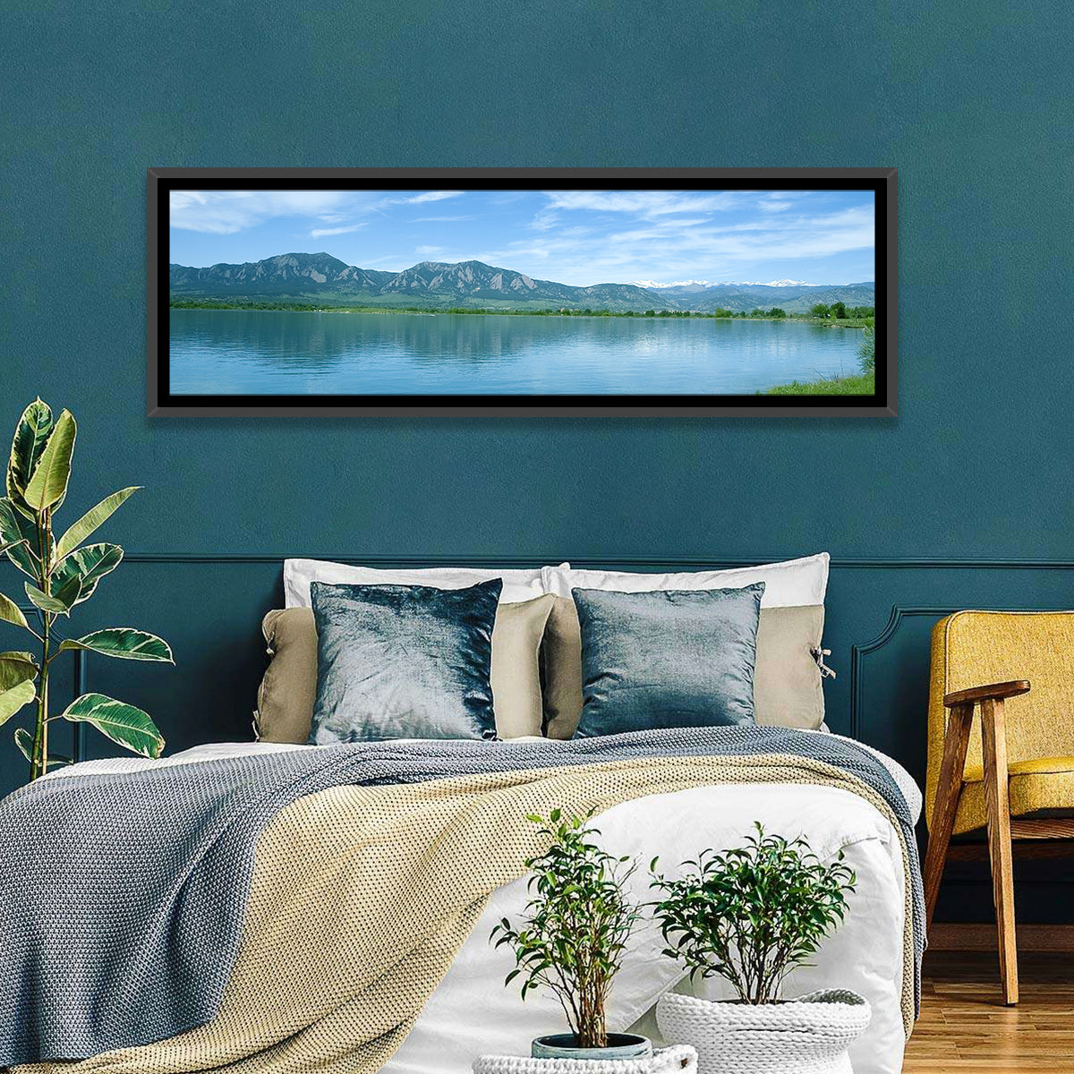 Boulder Reservoir and Flatirons Wall Art in a room, panoramic