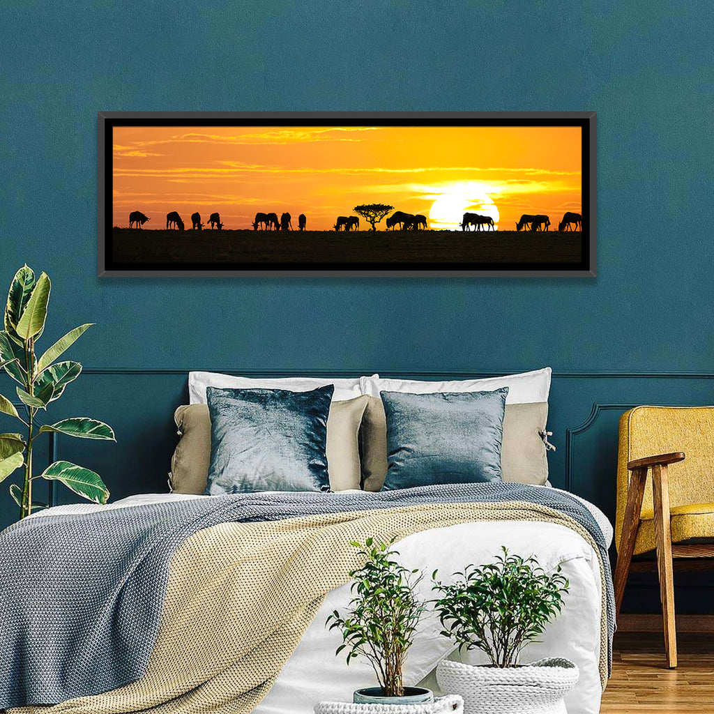 Wildebeest Silhouettes at Sunset Wall Art