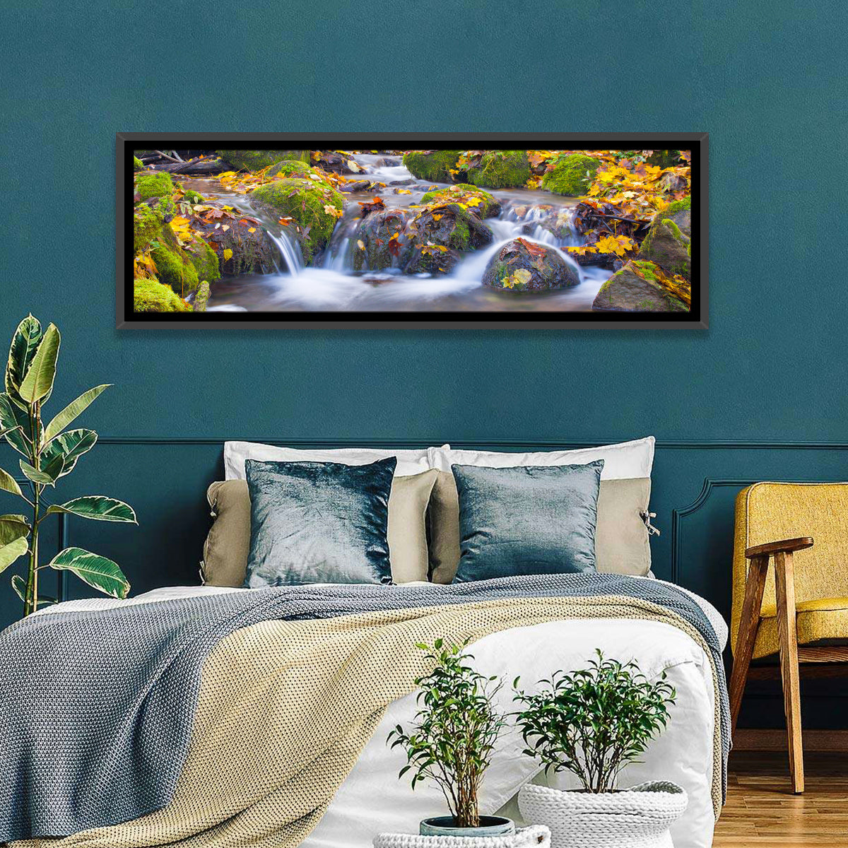 Mossy Autumn Stream Wall Art in a room, panoramic