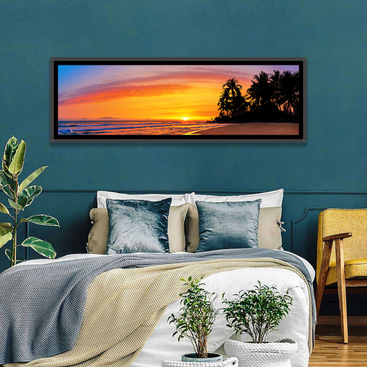Tropical Beach Sunset Wall Art in a room, panoramic