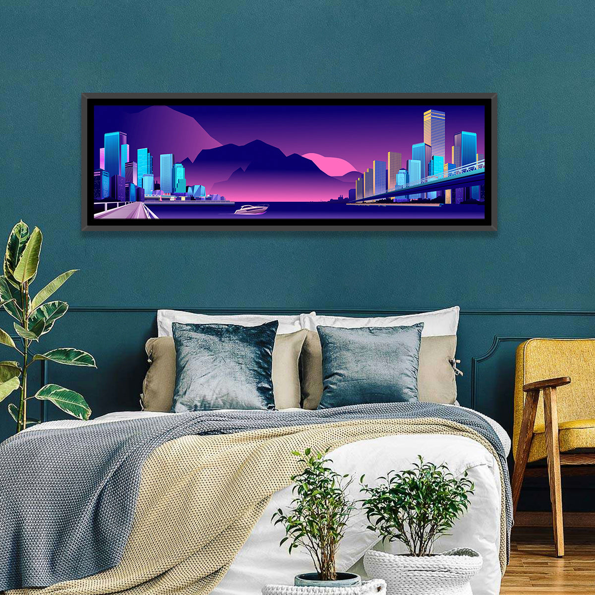 Purple Harbor Skyline Wall Art in a room, panoramic