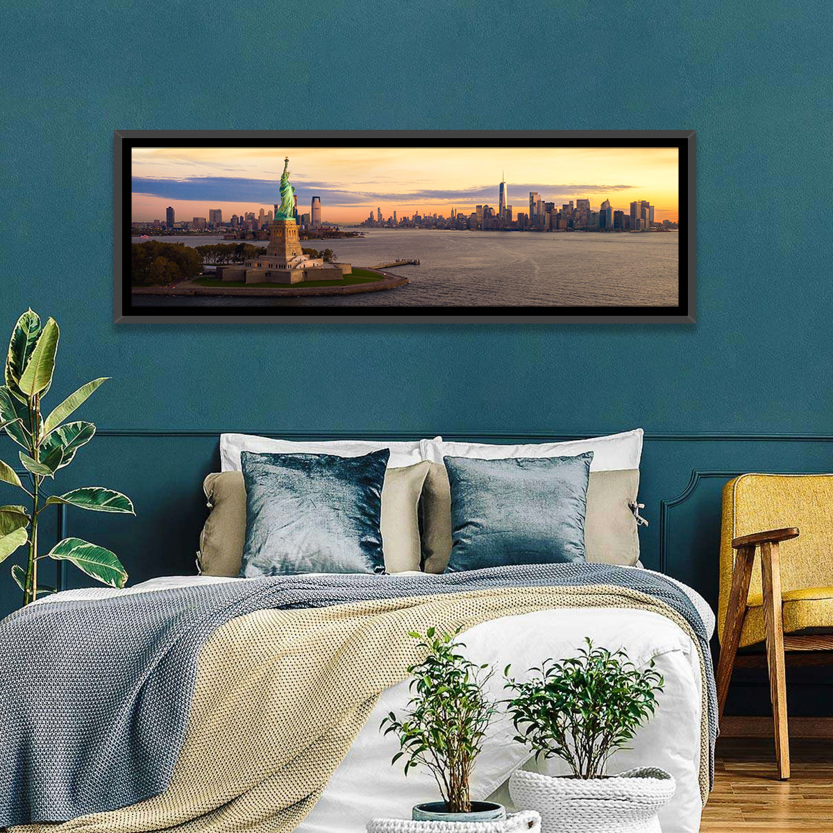 Statue of Liberty Golden Hour Wall Art in a room, panoramic