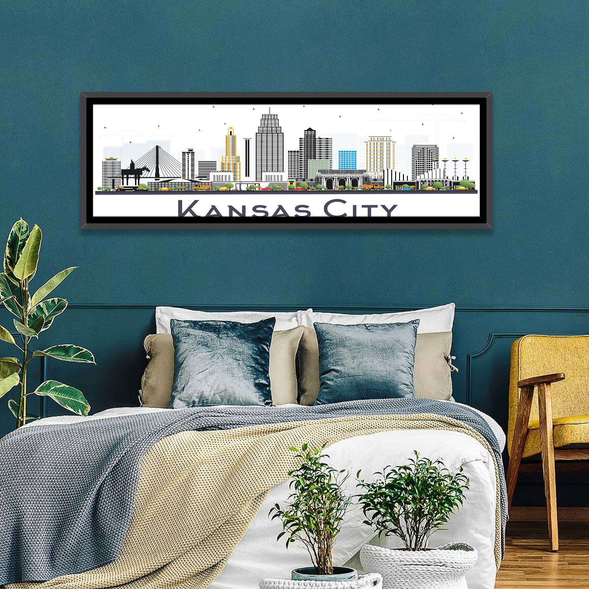 Kansas City Skyline Wall Art in a room, panoramic