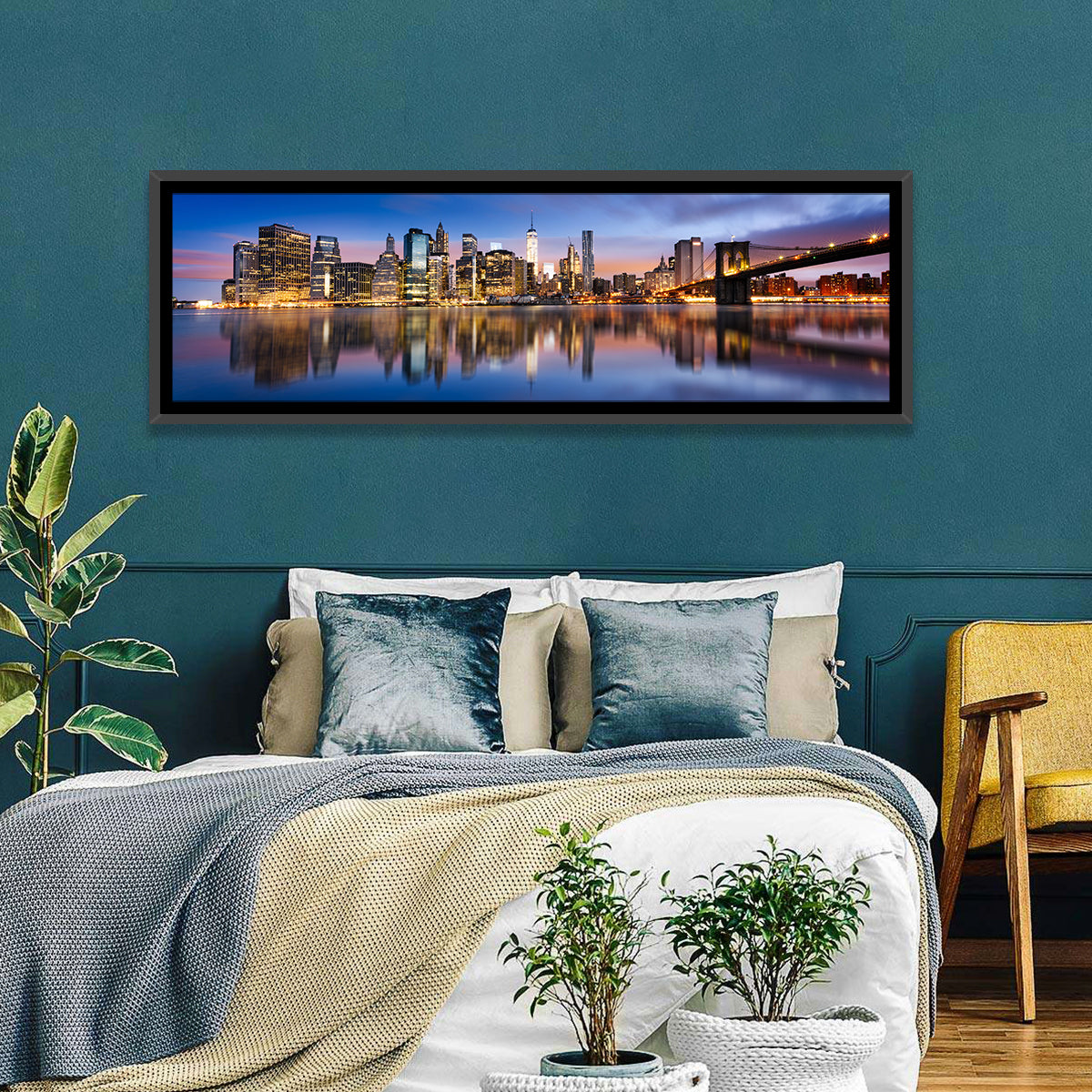 Manhattan Skyline at Twilight Wall Art in a room, panoramic