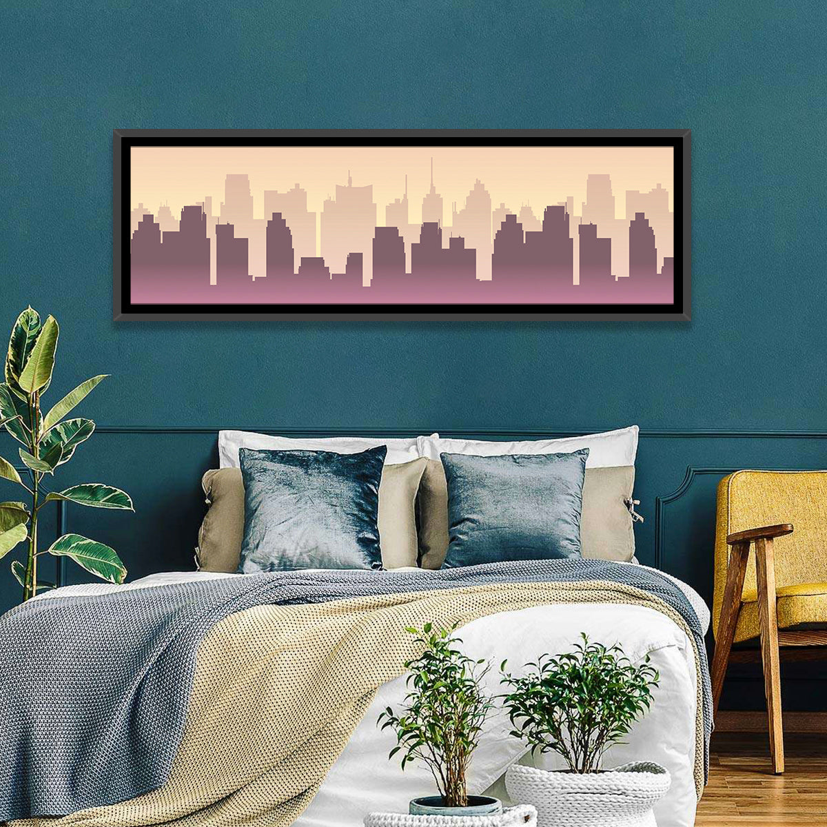 Silhouetted City Skyline Wall Art in a room, panoramic