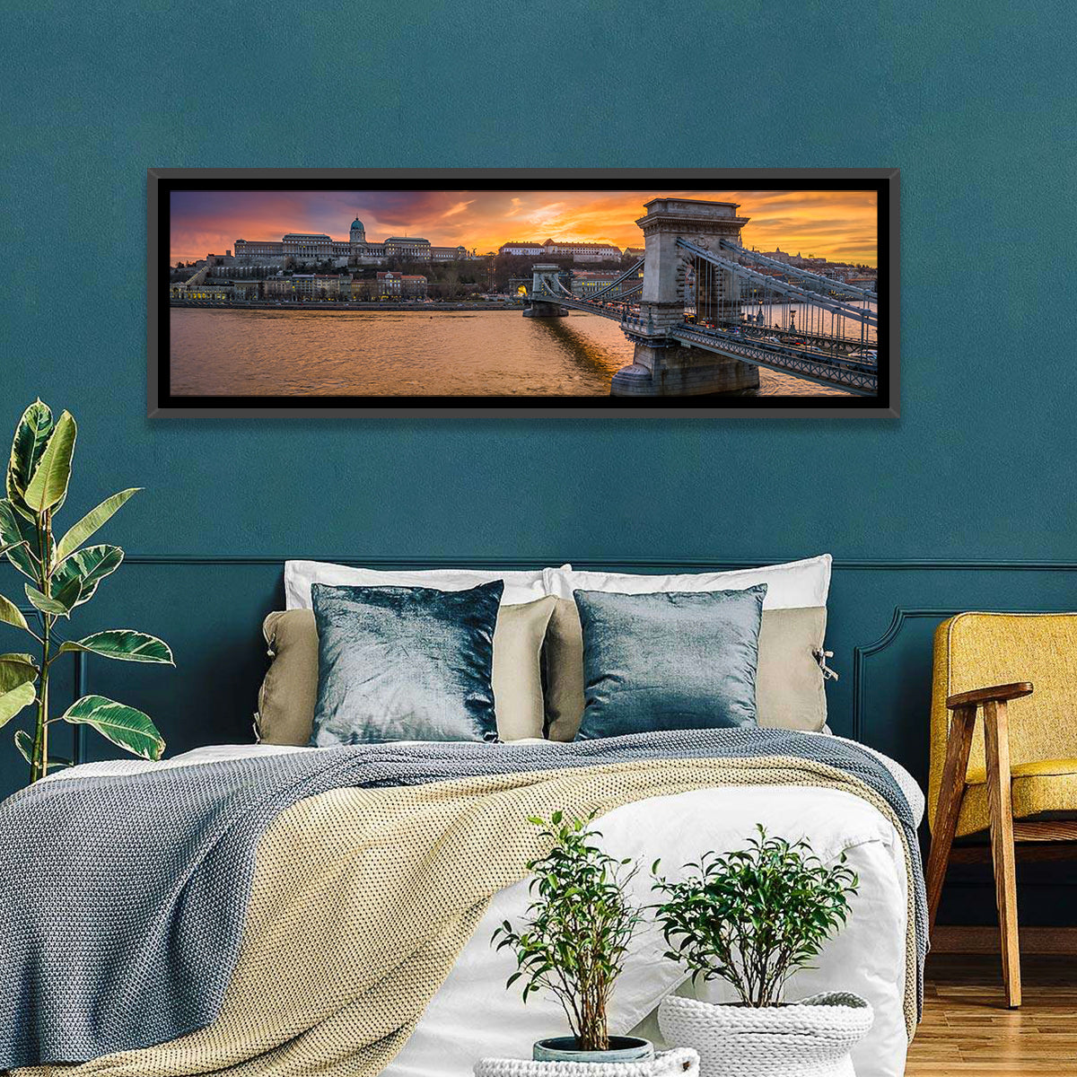 Budapest Chain Bridge at Golden Dusk Wall Art in a room, panoramic
