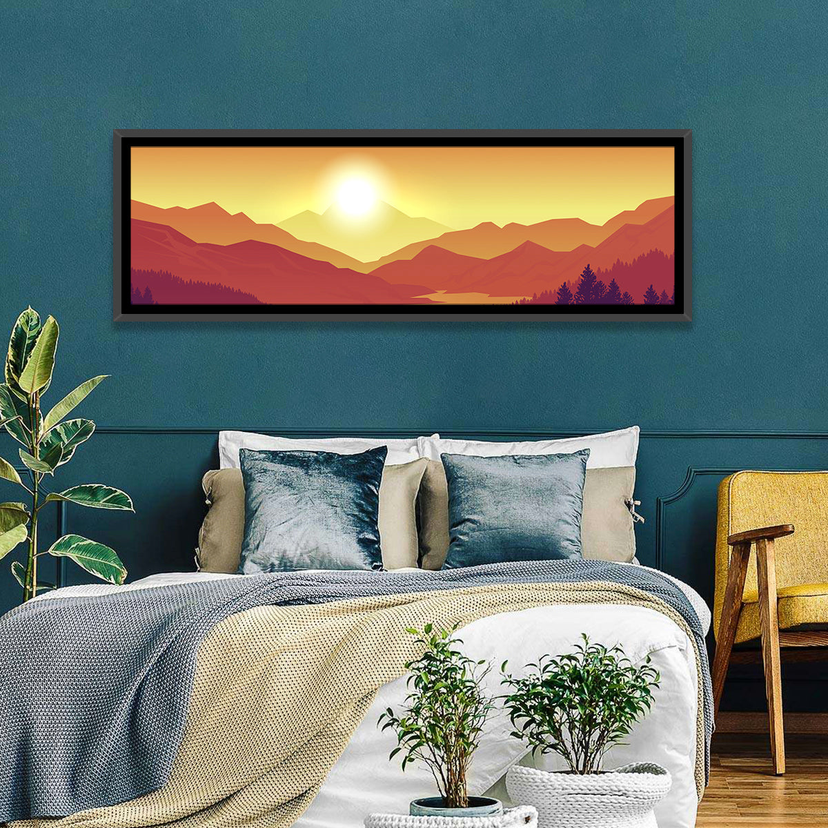Sunset Pines and Layered Mountains Wall Art in a room, panoramic