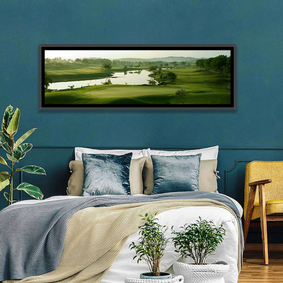 Golden Hour Putting Green by the Lake Wall Art in a room, panoramic