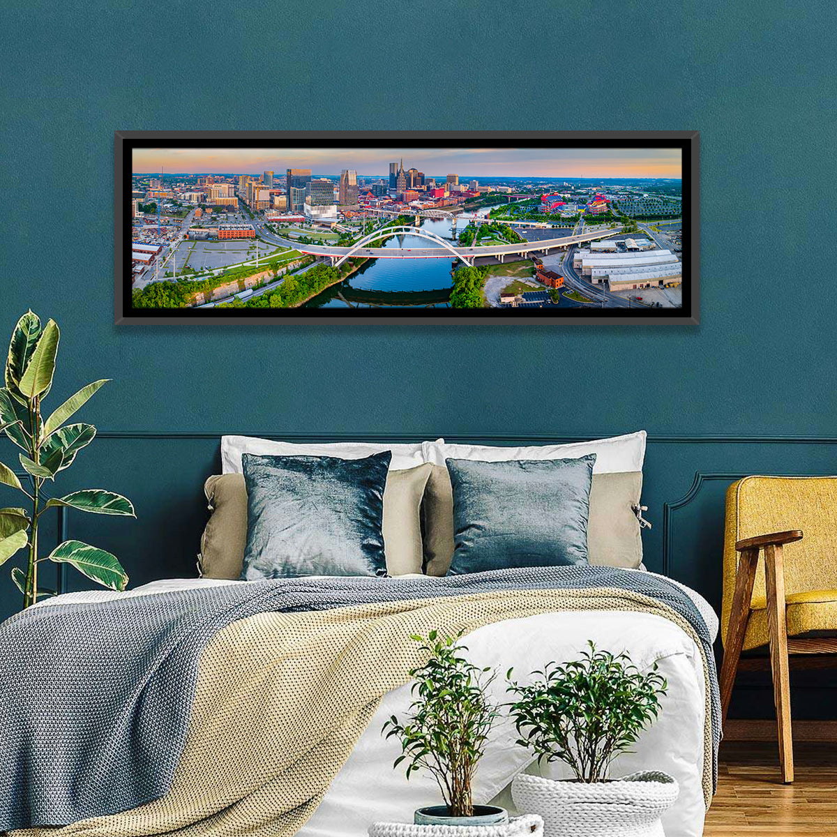 Nashville Skyline at Golden Hour Wall Art in a room, panoramic