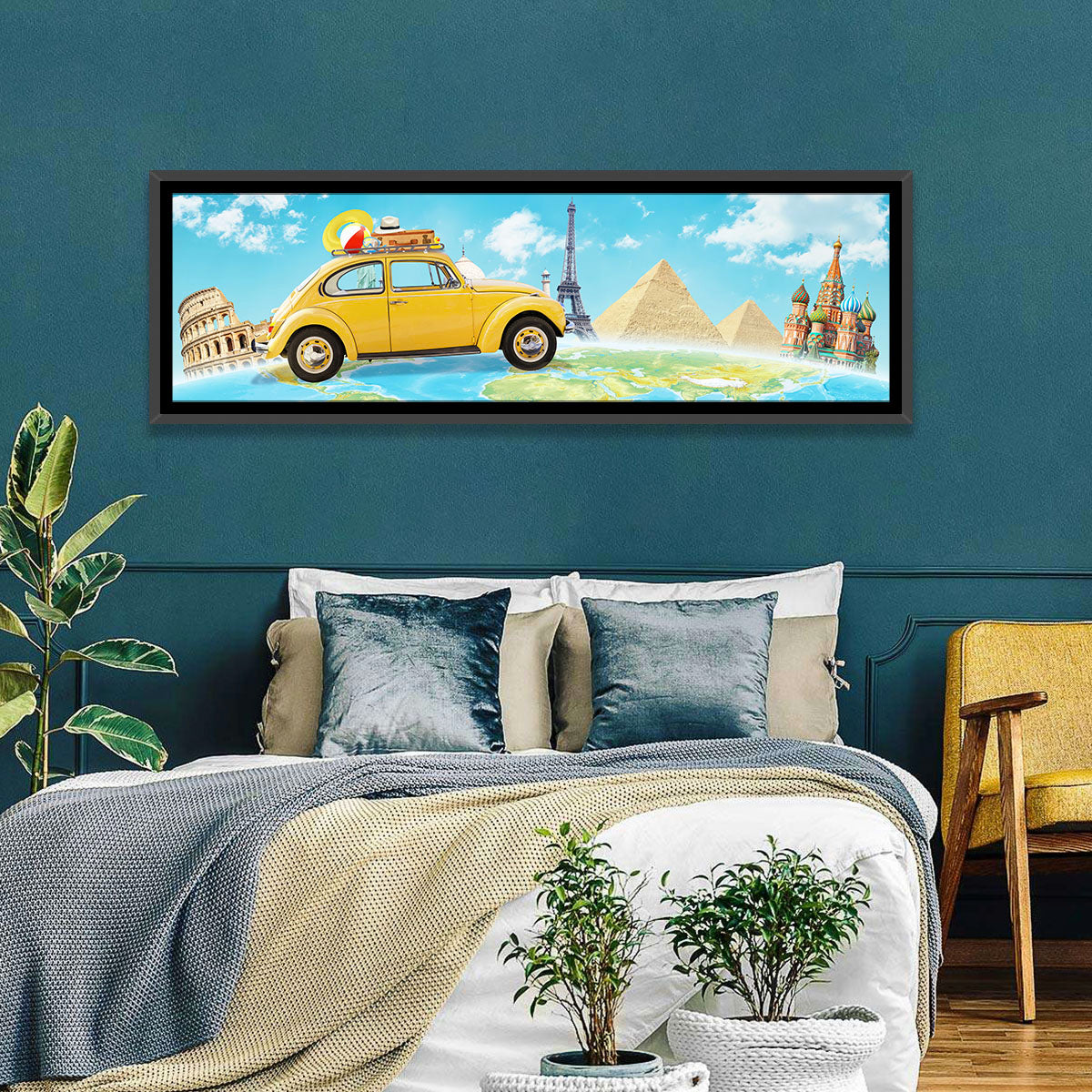Yellow Beetle World Road Trip Wall Art in a room, panoramic
