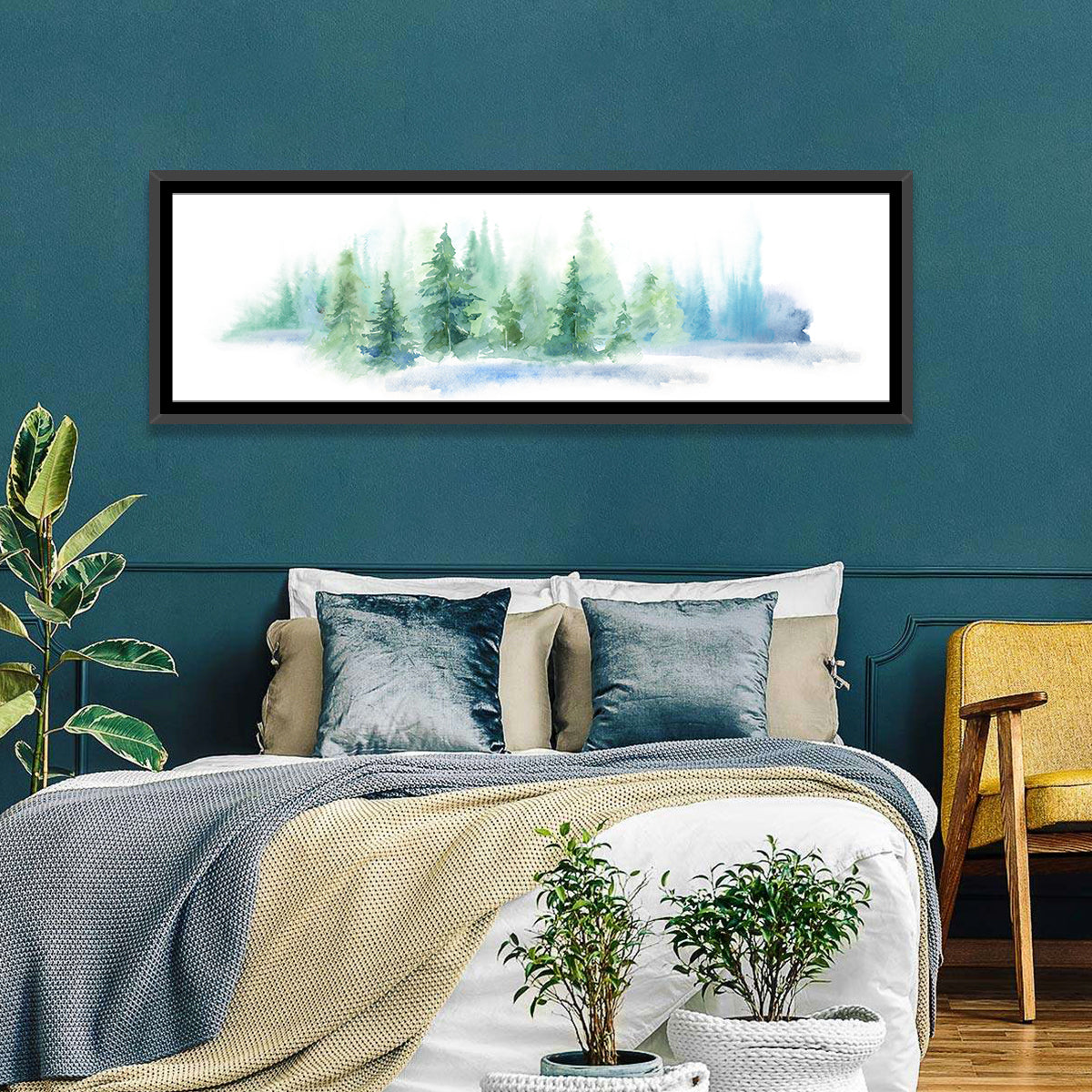 Misty Pine Forest Watercolor Wall Art in a room, panoramic