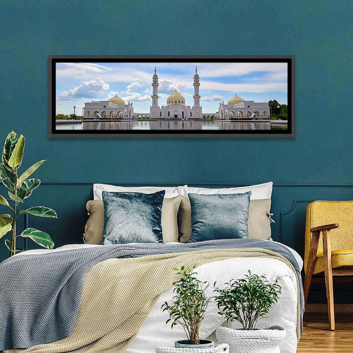 Bolgar White Mosque Reflection Wall Art in a room, panoramic