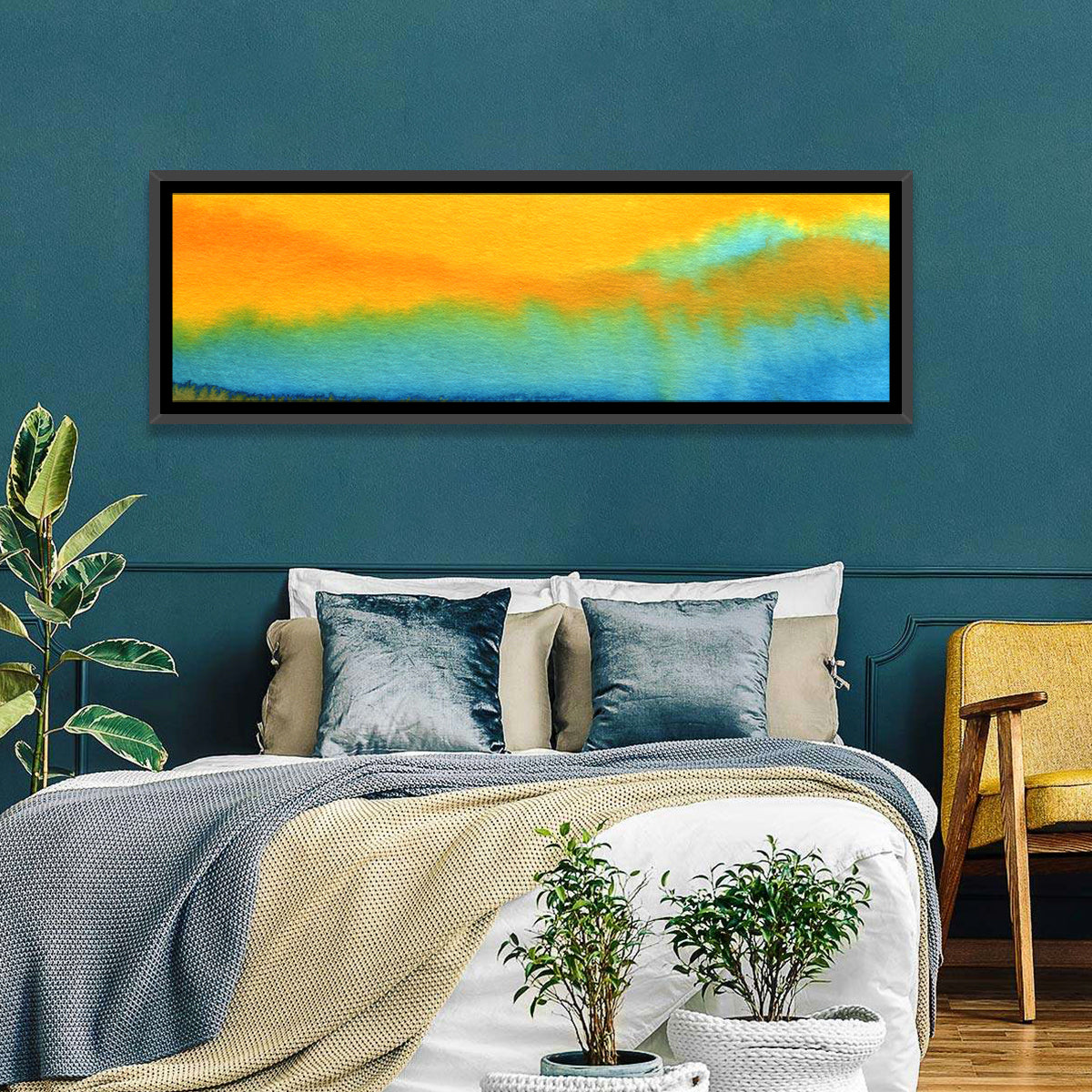 Sunset Horizon Watercolor Wall Art in a room, panoramic