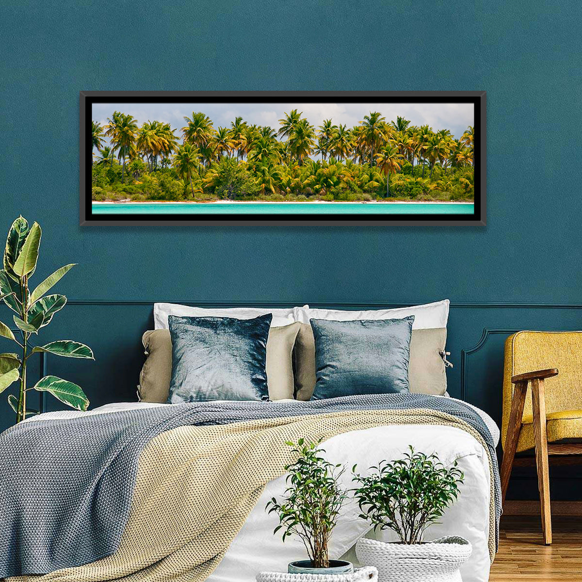 Turquoise Lagoon Palm Tree Beach Wall Art in a room, panoramic