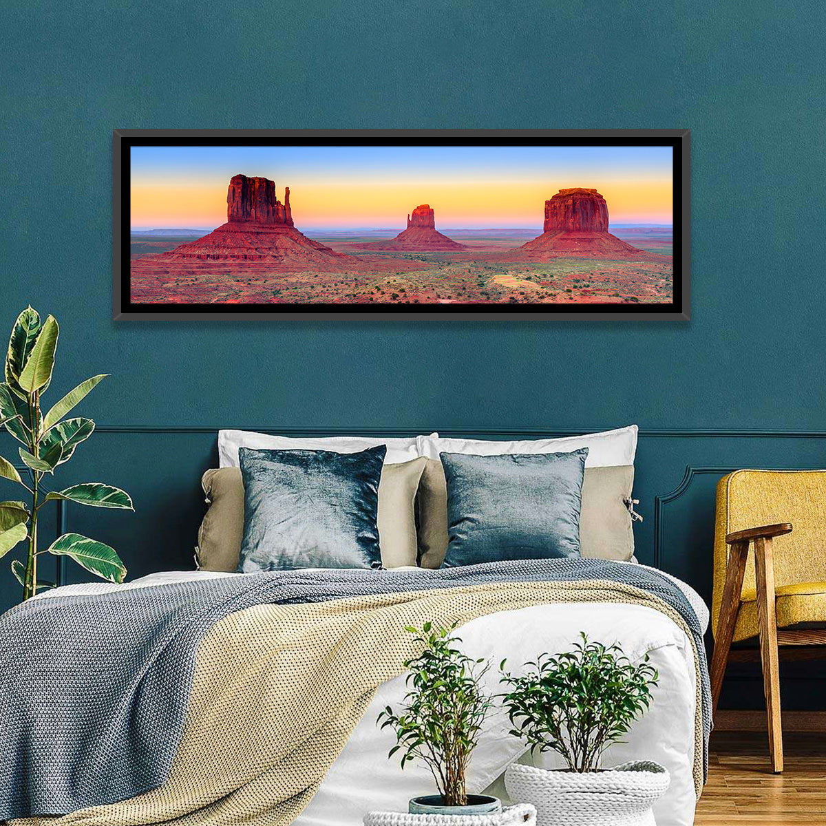 Monument Valley Sunset Vista Wall Art in a room, panoramic