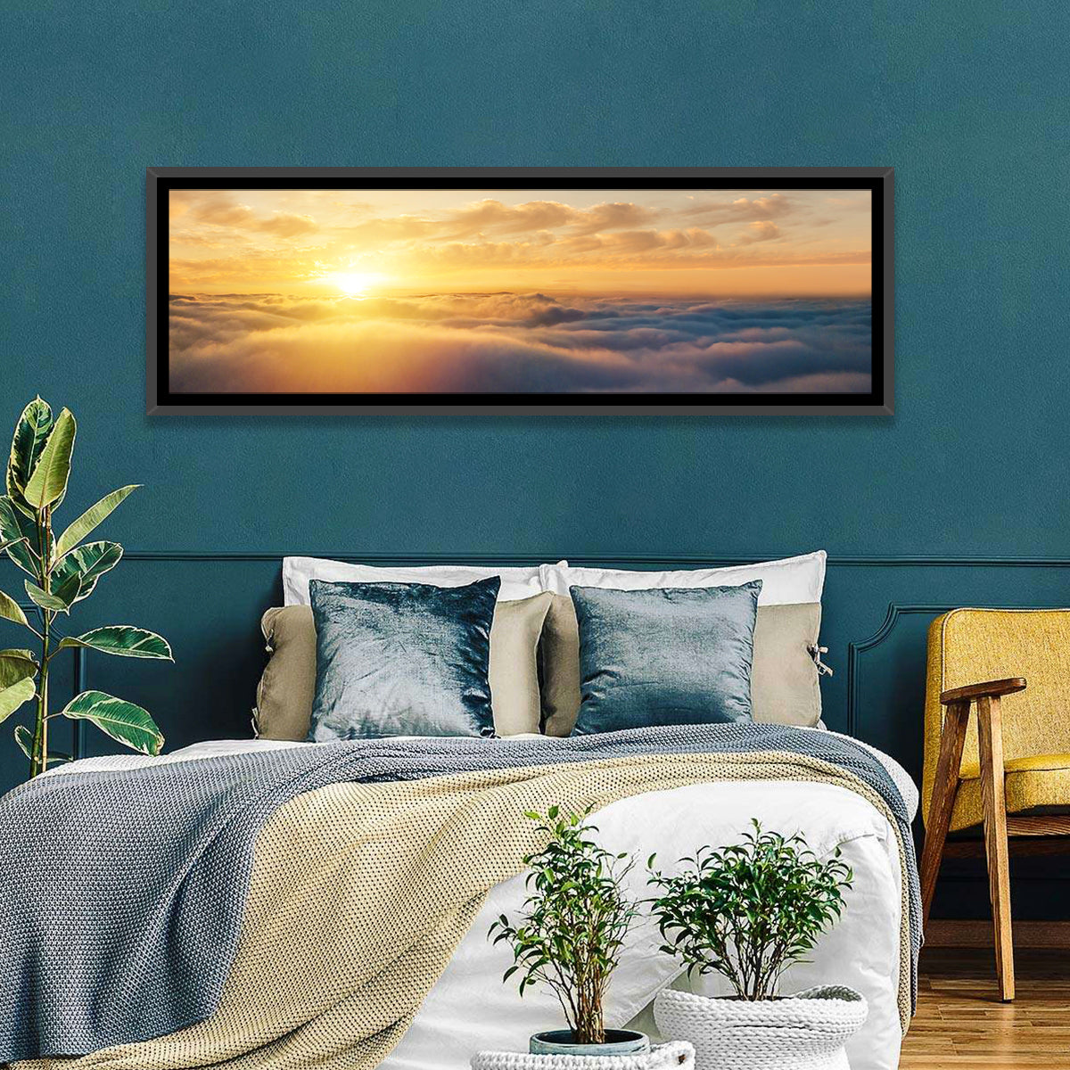 Layered Clouds at Sunset Wall Art in a room, panoramic