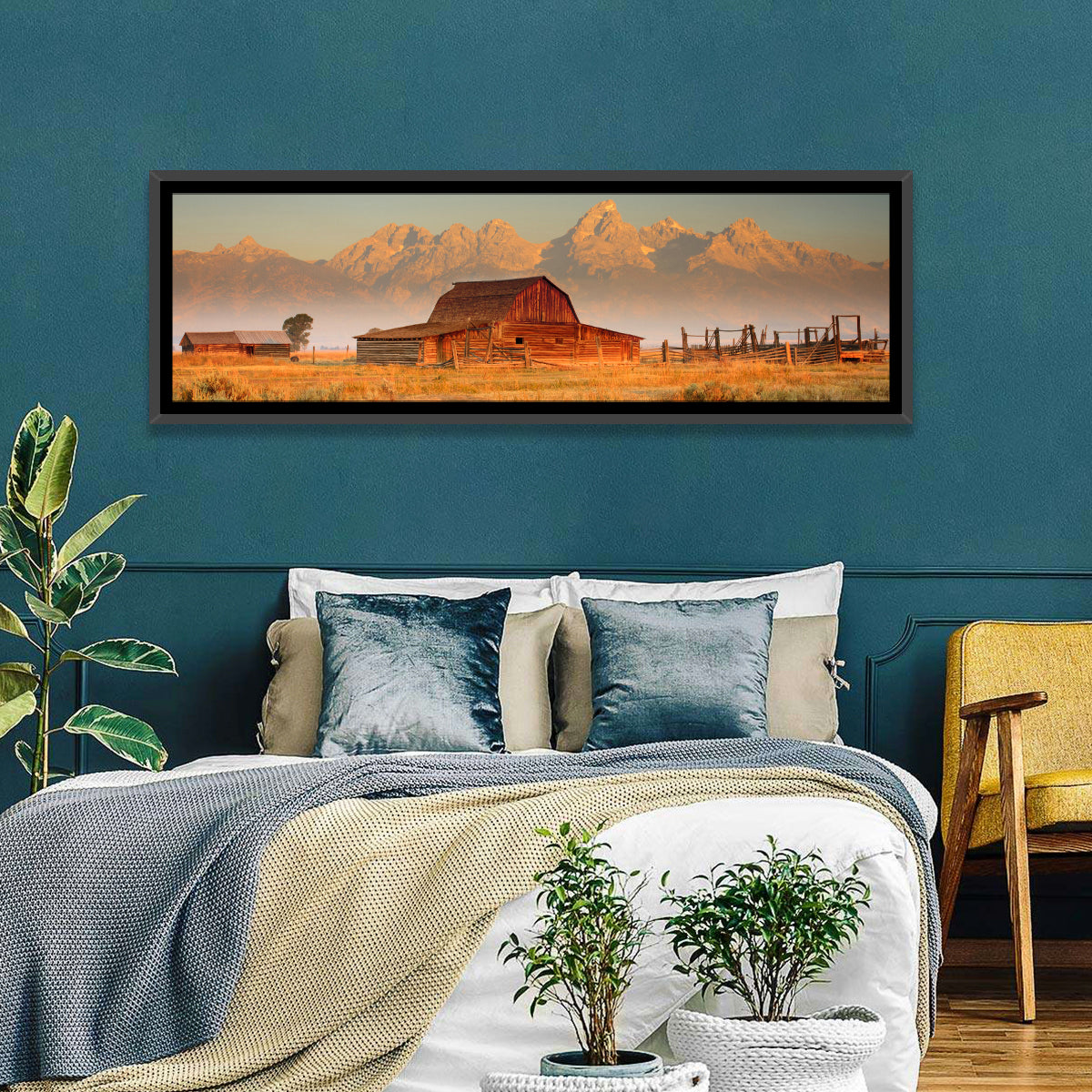 Moulton Barn, Grand Teton Wall Art in a room, panoramic