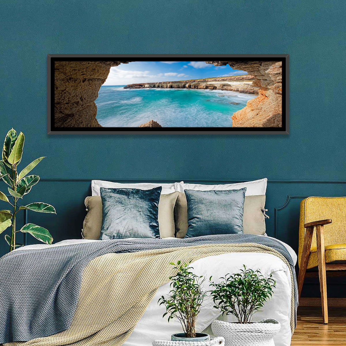 Cape Greko Sea Cave View Wall Art in a room, panoramic