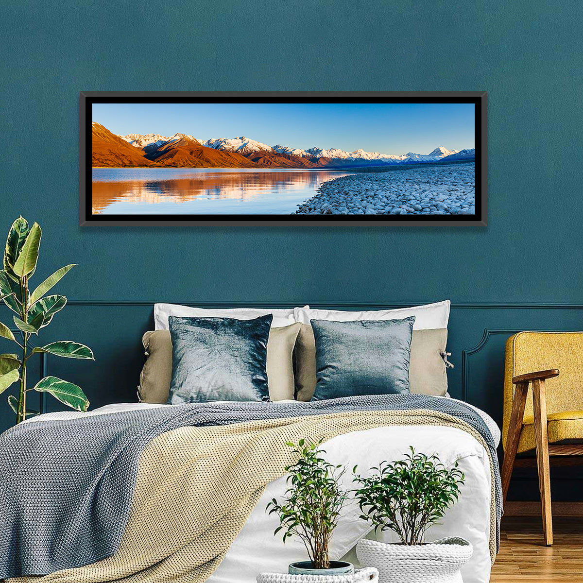 Lake Pukaki Sunset Reflection Wall Art in a room, panoramic