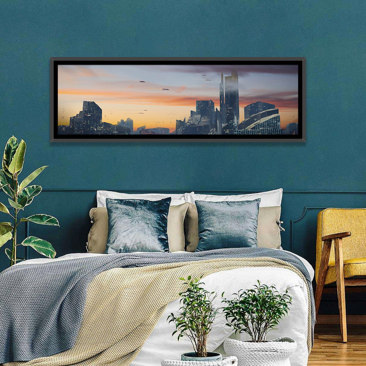 Futuristic City Skyline at Dusk Wall Art in a room, panoramic