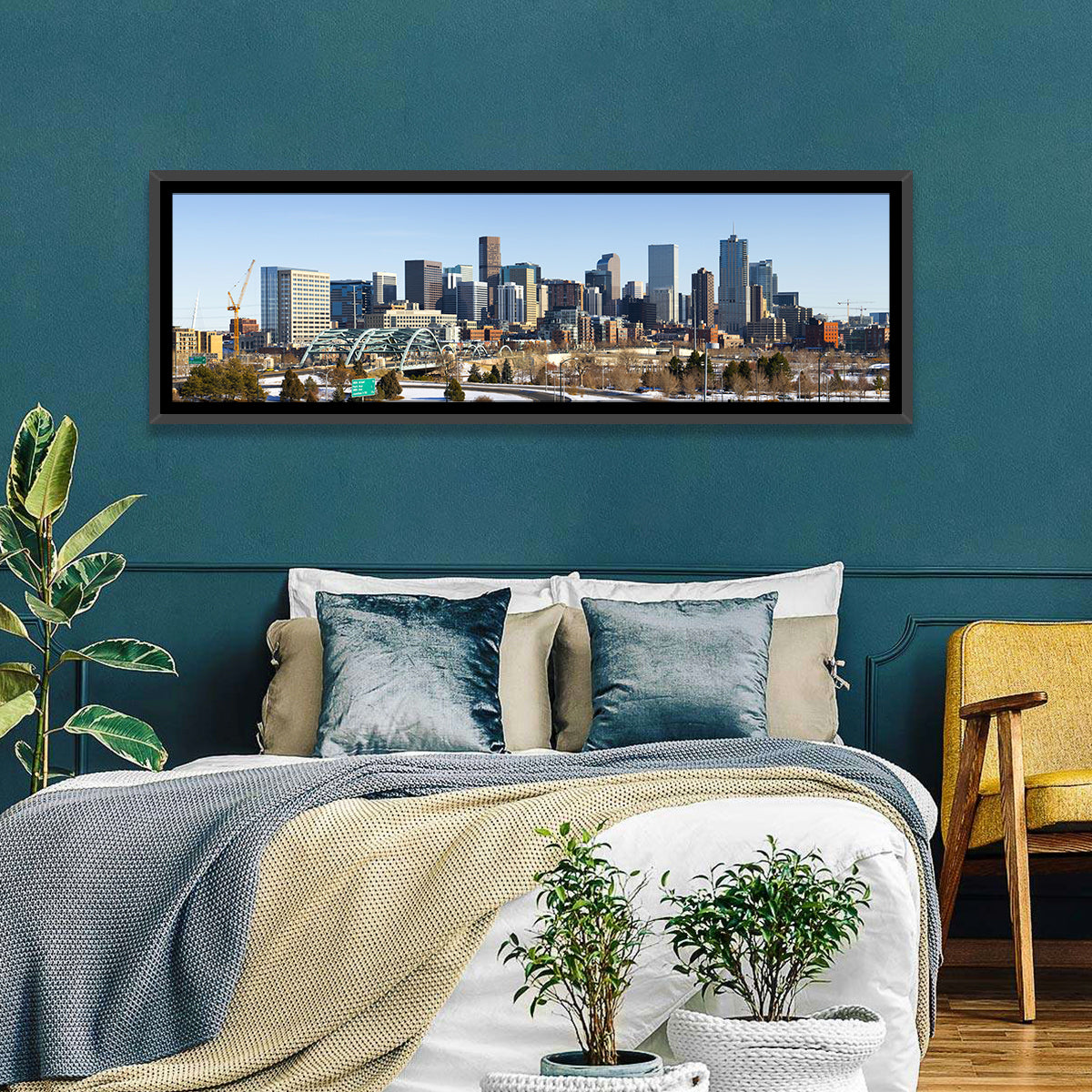 Denver Skyline with Speer Boulevard Bridge Wall Art in a room, panoramic