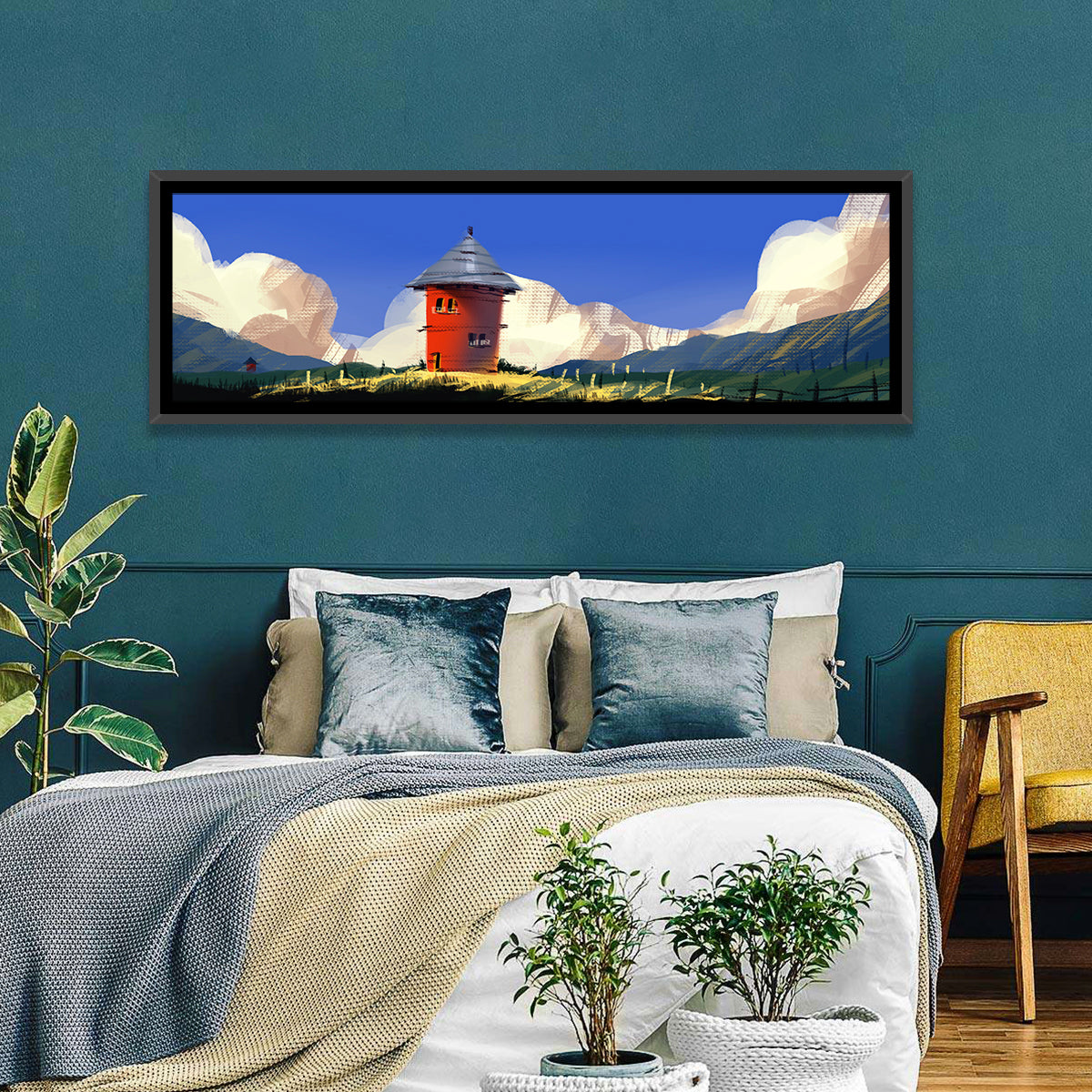 Red Tower in Meadow Wall Art in a room, panoramic